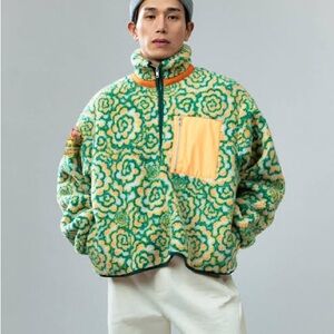 Men's Green Floral Sherpa Puffer Jacket with Yellow Pocket